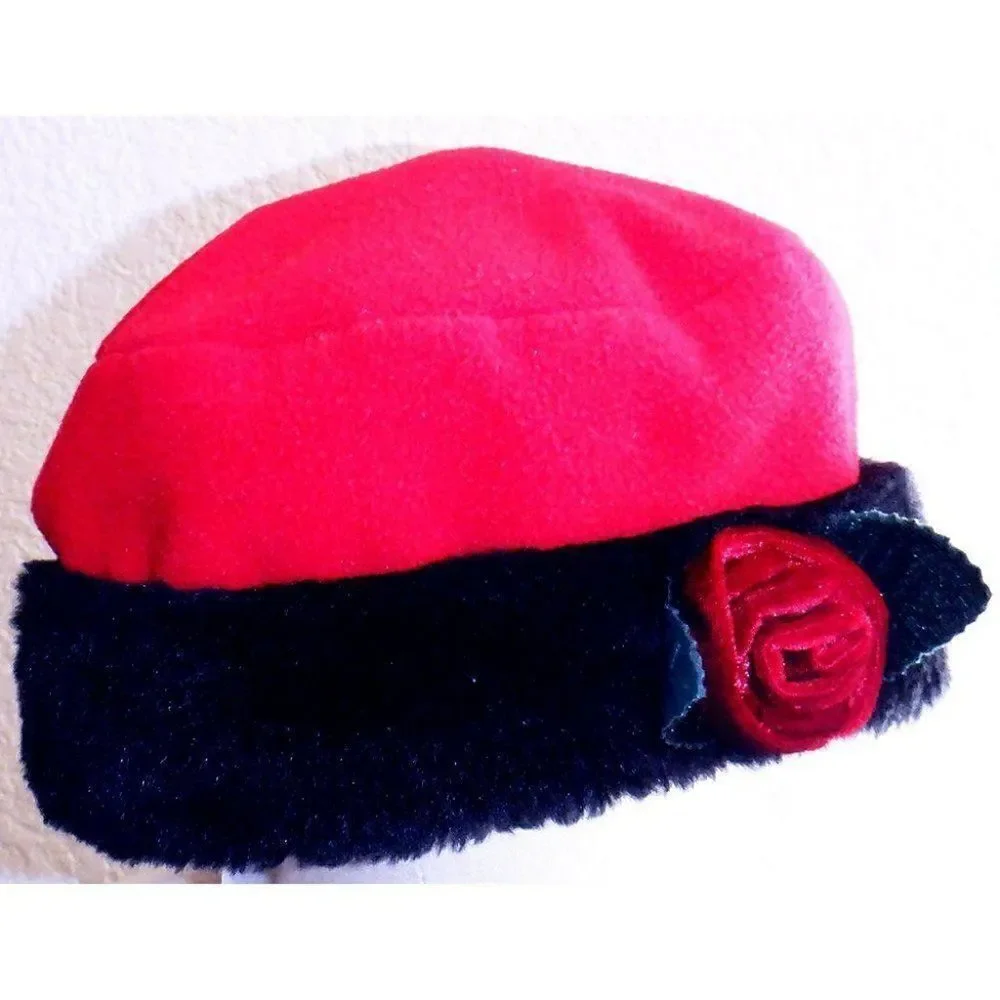 Soft pill-box style red/black rose hat